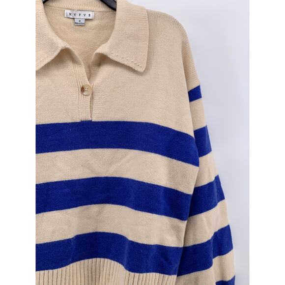 HYFVE Women's Blue-Beige Knit One-Button Lorraine Cobalt Stripe Polo Sweater SZS - Picture 5 of 10